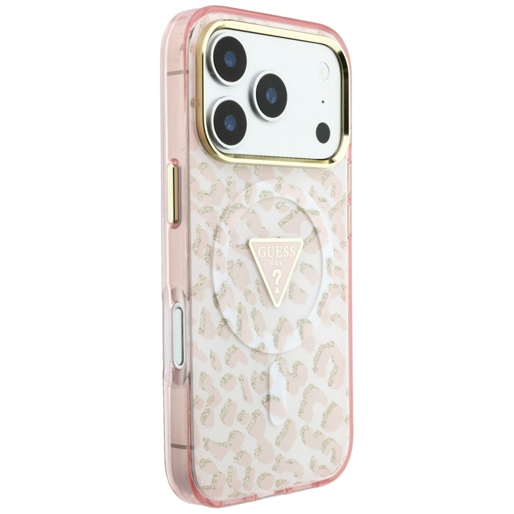 MagSafe tok Apple iPhone 18 Pro Max / 17 Pro Max készülékhez, Guess, Leopárd csillogó háromszög logó, rózsaszín