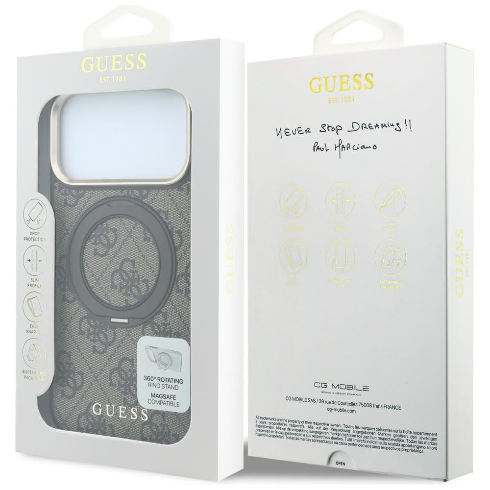 MagSafe tok Apple iPhone 18 Pro Max / 17 Pro Max készülékhez, Guess, Ring Stand 360 4G Classic Logo, Barna