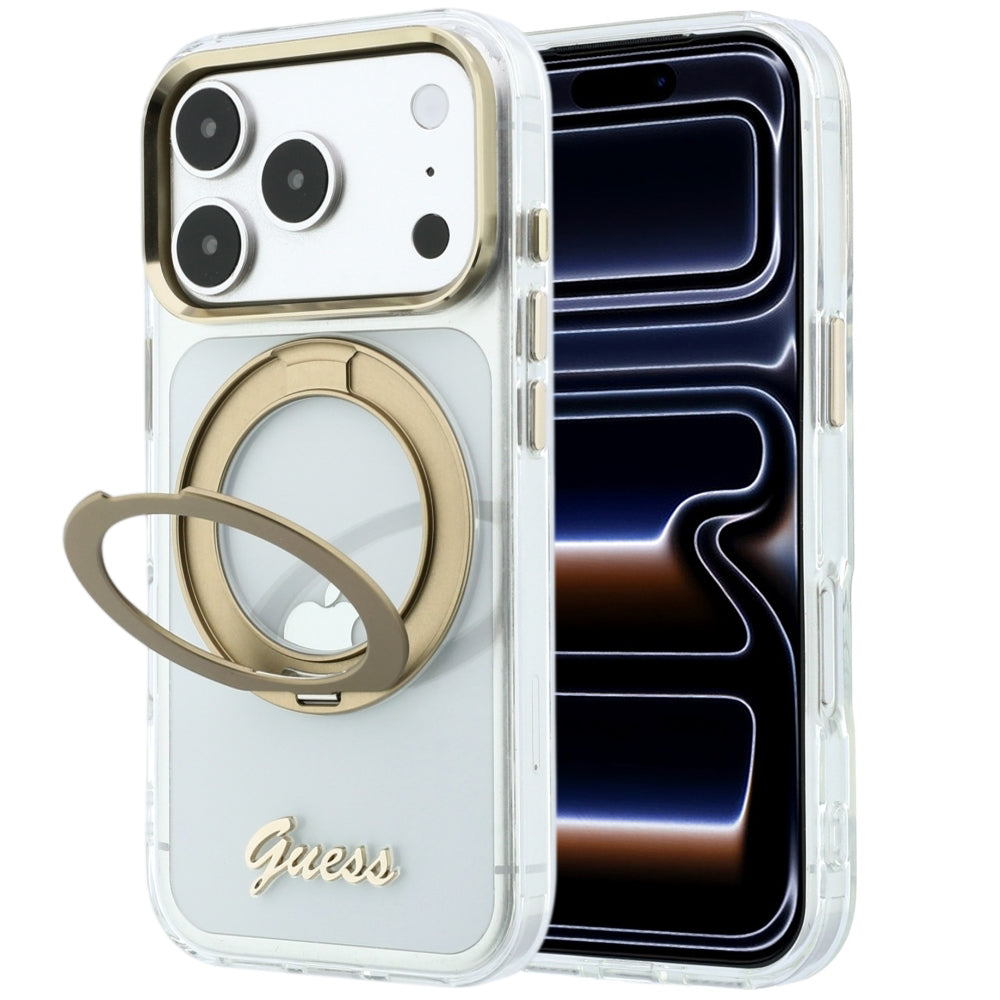 MagSafe tok Apple iPhone 18 Pro Max / 17 Pro Max készülékhez, Guess, Ring Stand Script fém logóval, átlátszó