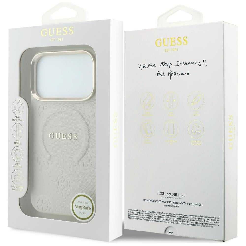 MagSafe tok Apple iPhone 18 Pro Max / 17 Pro Max készülékhez, Guess, Saffiano Peony Hot Stamp, bézs