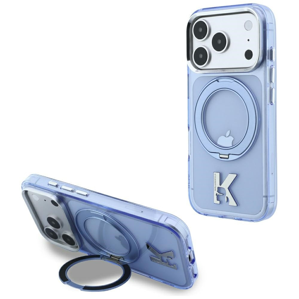 MagSafe tok Apple iPhone 18 Pro Max / 17 Pro Max készülékhez, Karl Lagerfeld, IML gyűrűs állvány Kameo fém, kék