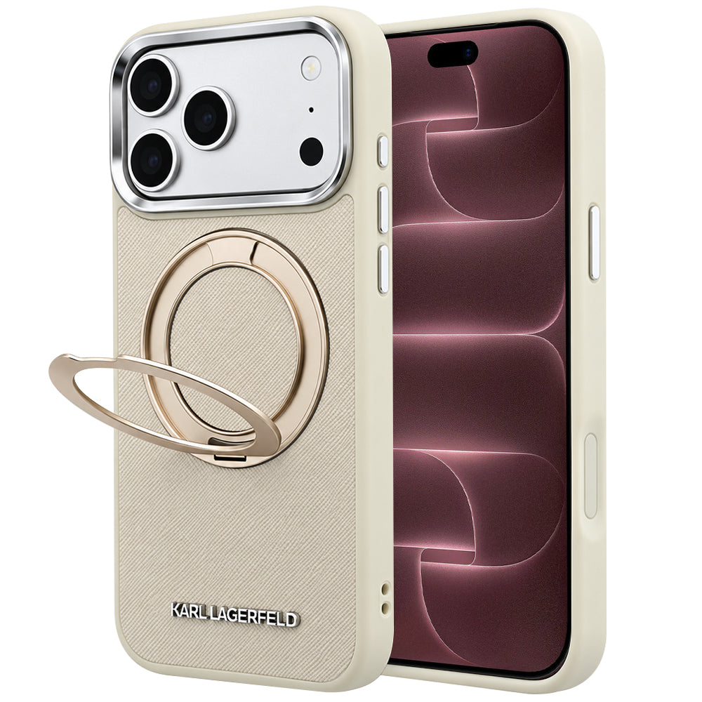 MagSafe tok Apple iPhone 18 Pro Max / 17 Pro Max készülékhez, Karl Lagerfeld, Ring Stand 360 Saffiano, bézs