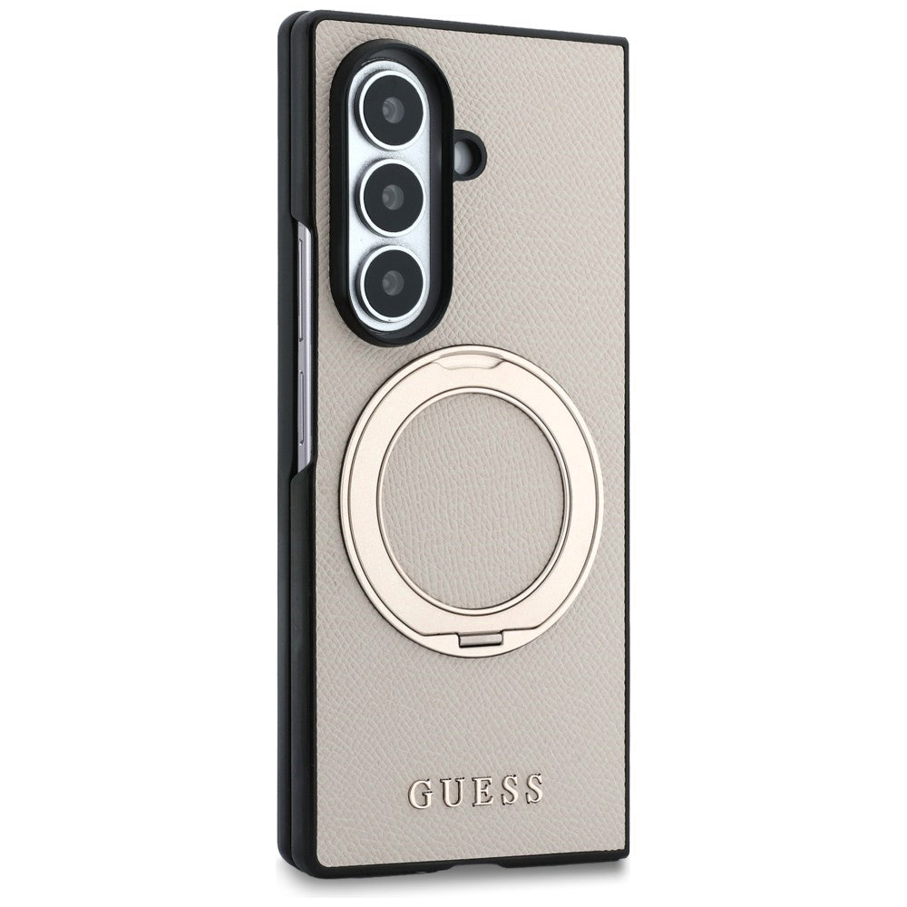 MagSafe tok Samsung Galaxy Z Fold8 Ultra F976-hez, Guess, Gyűrűs Állvány Barázdált Klasszikus Logó, Bézs