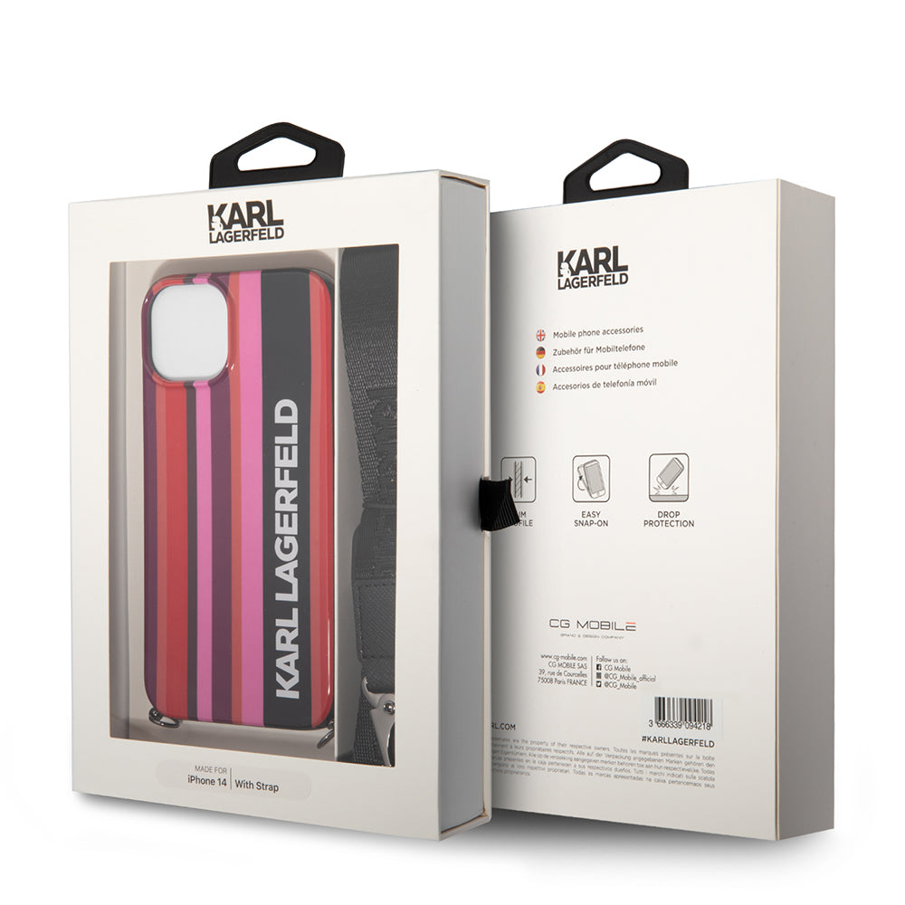 Tok Apple iPhone 14-hez, Karl Lagerfeld, Színes Csíkokkal és Pánttal, Rózsaszín