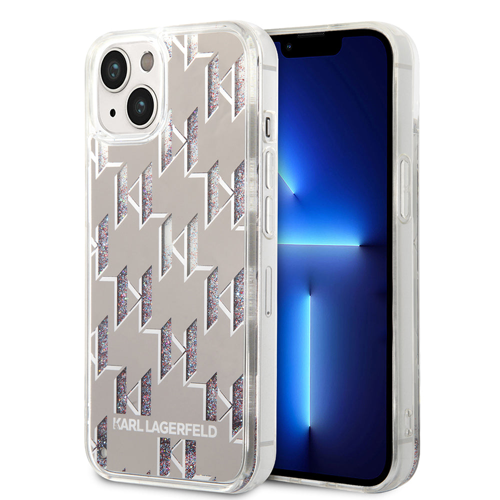 Tok Apple iPhone 14-hez, Karl Lagerfeld, Liquid Glitter Monogram, Ezüst színű