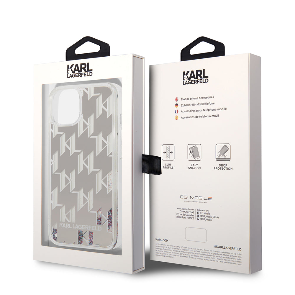 Tok Apple iPhone 14-hez, Karl Lagerfeld, Liquid Glitter Monogram, Ezüst színű