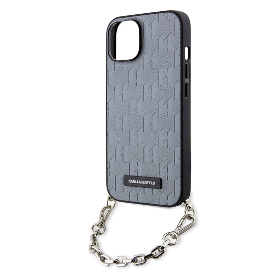 Tok Apple iPhone 14-hez, Karl Lagerfeld, Saffiano Monogram Chain, Ezüst