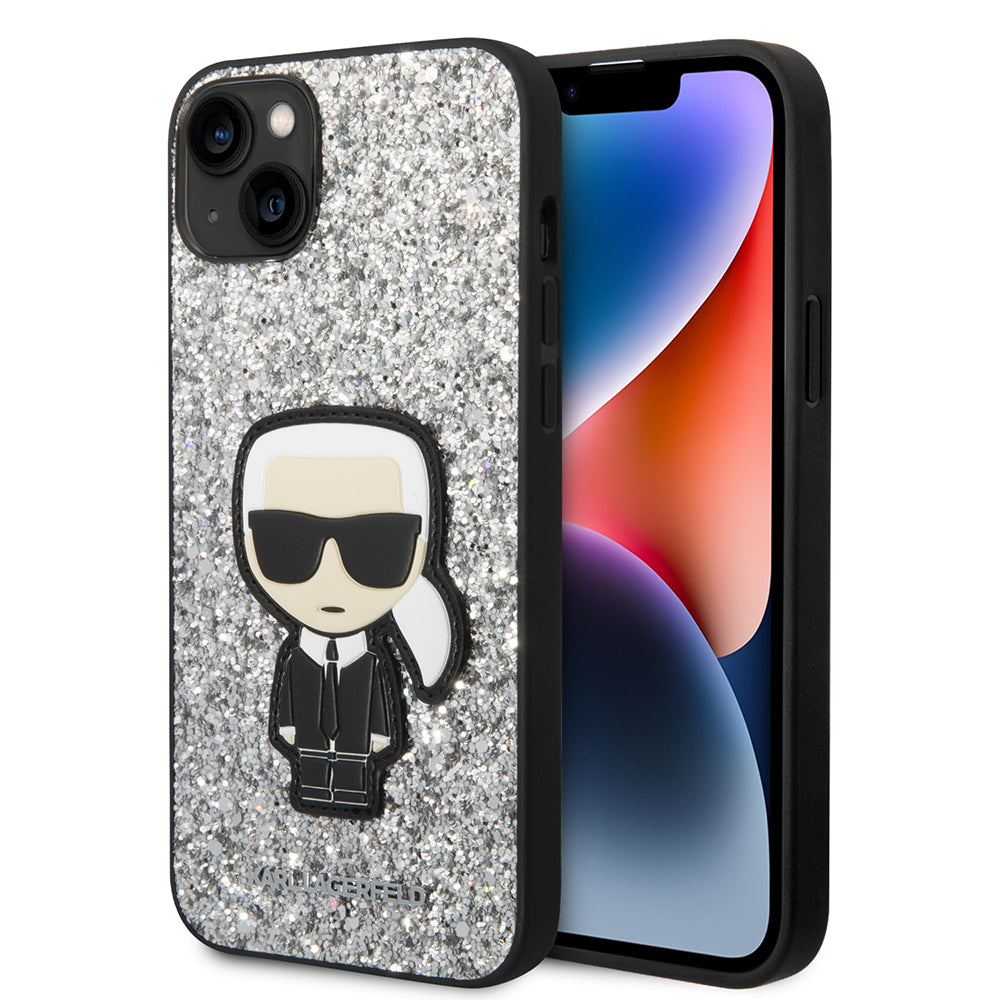 Tok Apple iPhone 14 Plus-hoz, Karl Lagerfeld, Glitter Flakes Ikonik Karl, Ezüst