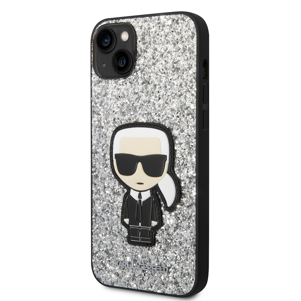 Tok Apple iPhone 14 Plus-hoz, Karl Lagerfeld, Glitter Flakes Ikonik Karl, Ezüst
