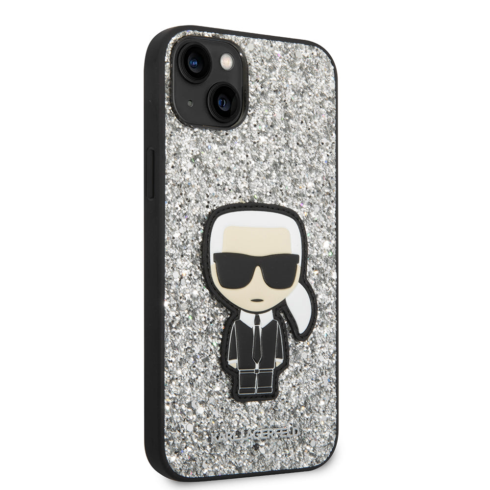 Tok Apple iPhone 14 Plus-hoz, Karl Lagerfeld, Glitter Flakes Ikonik Karl, Ezüst