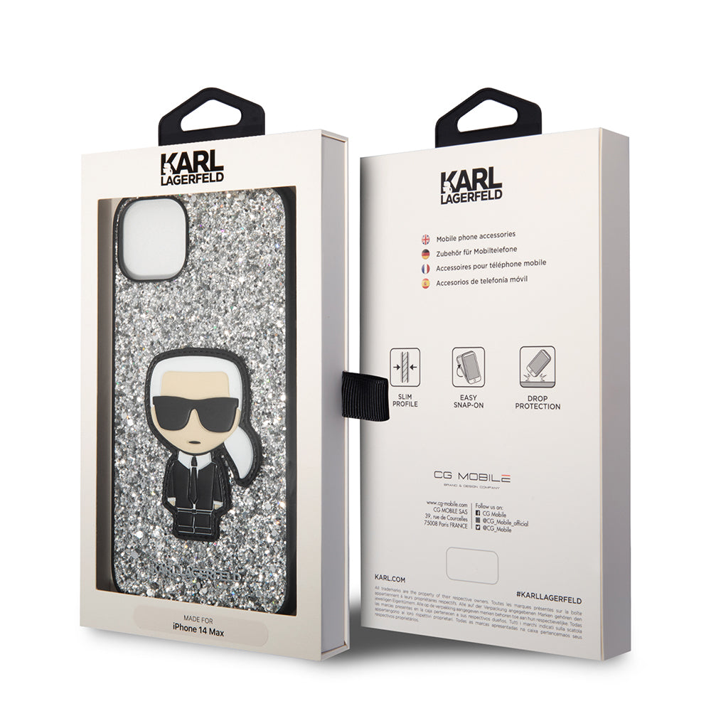 Tok Apple iPhone 14 Plus-hoz, Karl Lagerfeld, Glitter Flakes Ikonik Karl, Ezüst