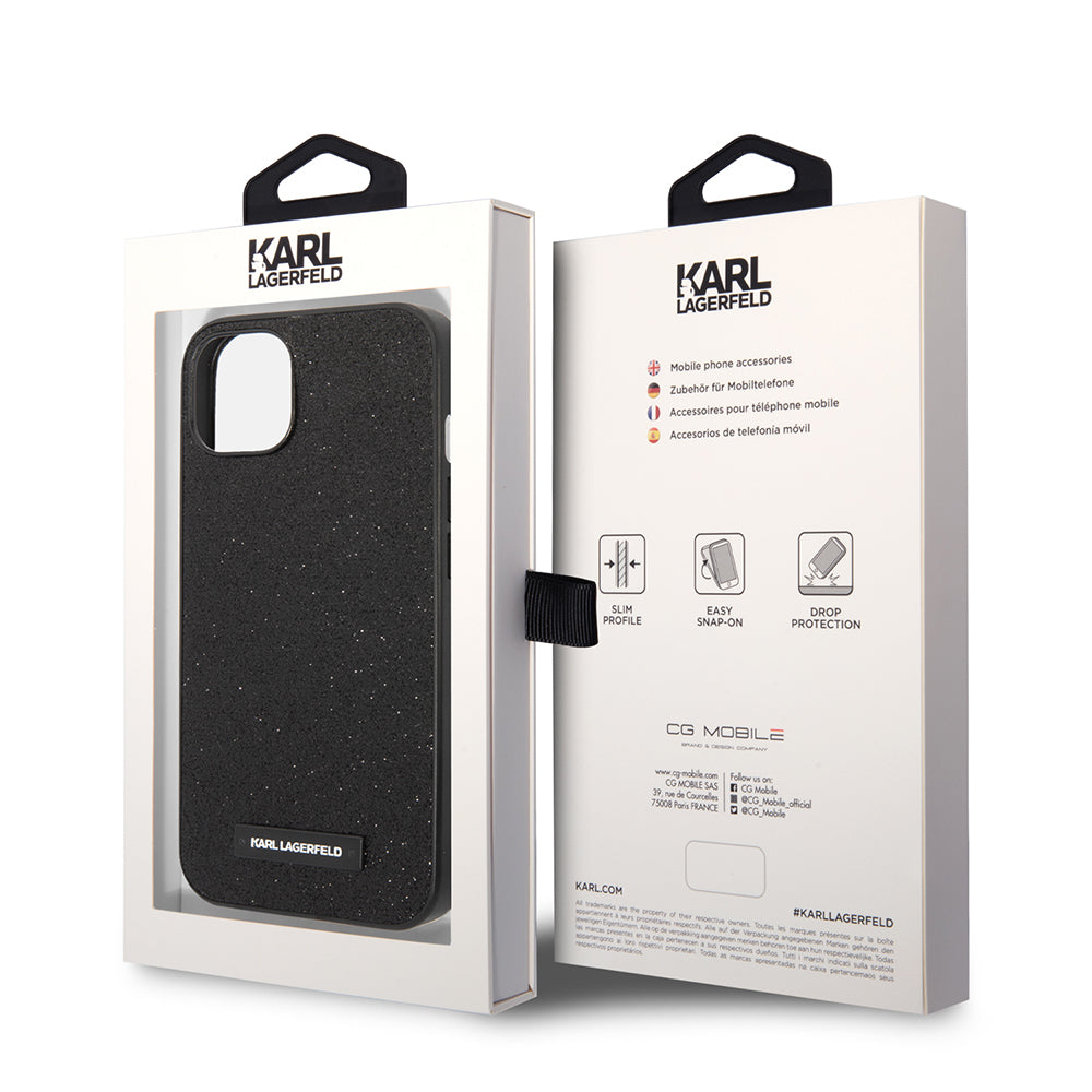 Tok Apple iPhone 14 Plus-hoz, Karl Lagerfeld, Glitter Plaque Logo, Fekete