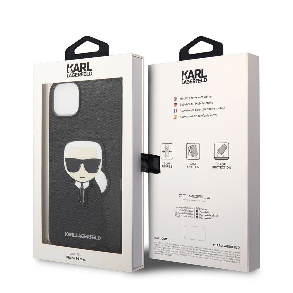 Tok Apple iPhone 14 Plus-hoz, Karl Lagerfeld, Saffiano Karl's Head, Fekete