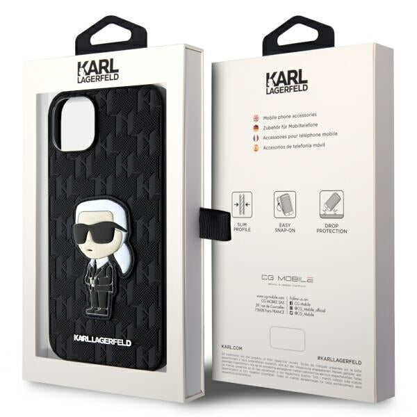 Tok Apple iPhone 14 Plus-hoz, Karl Lagerfeld, Saffiano Monogram Ikonik Karl, Fekete