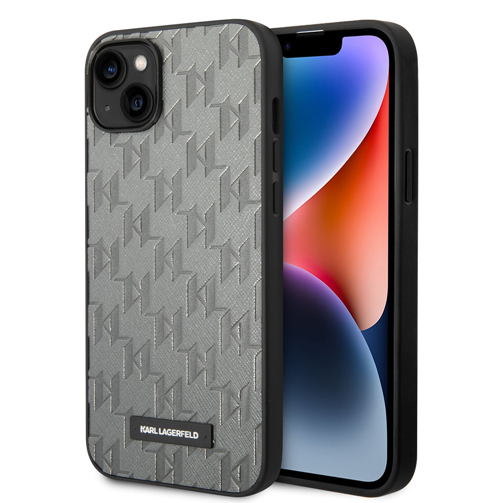 Tok Apple iPhone 14 Plus-hoz, Karl Lagerfeld, Saffiano Monogram Metal Logo, Szürke