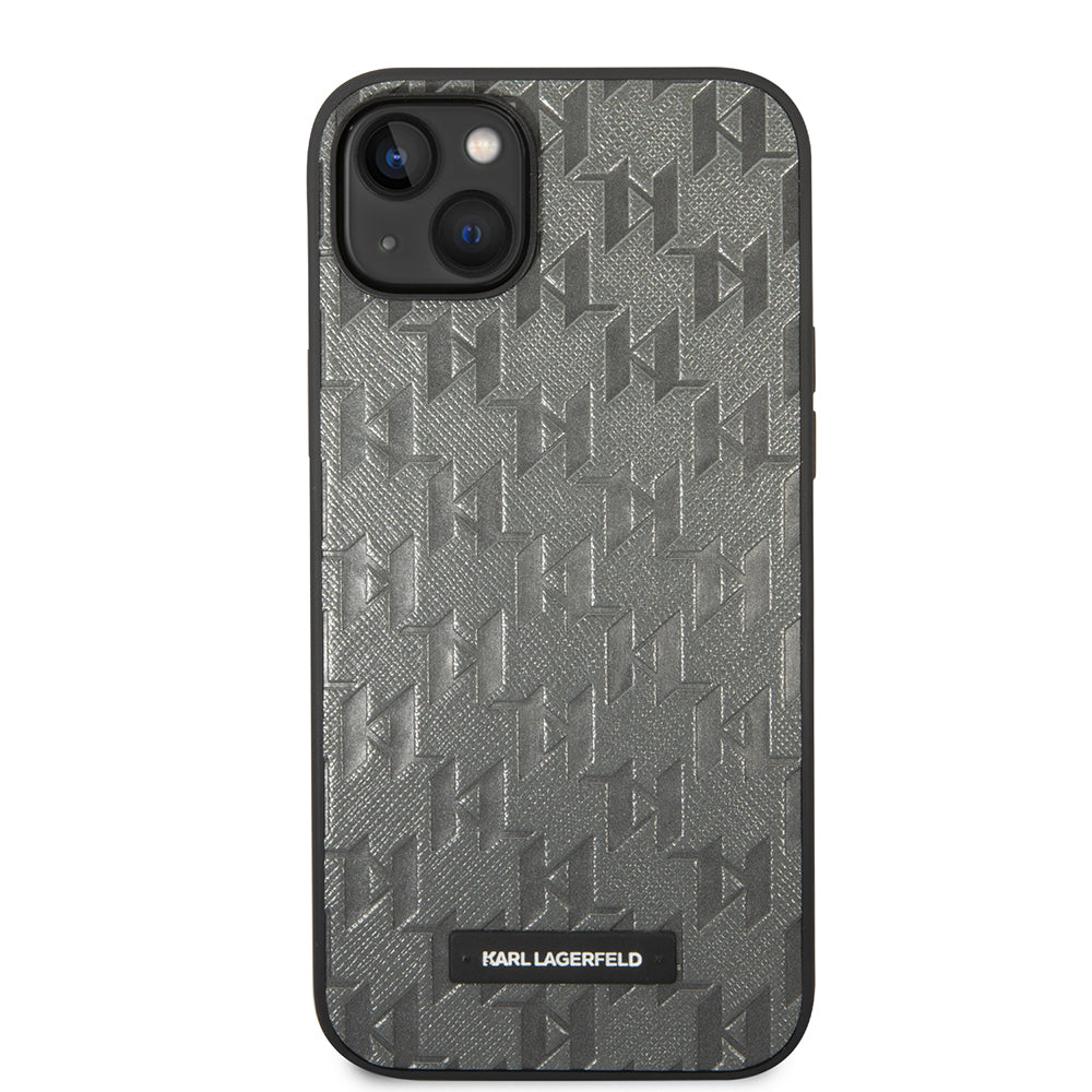 Tok Apple iPhone 14 Plus-hoz, Karl Lagerfeld, Saffiano Monogram Metal Logo, Szürke