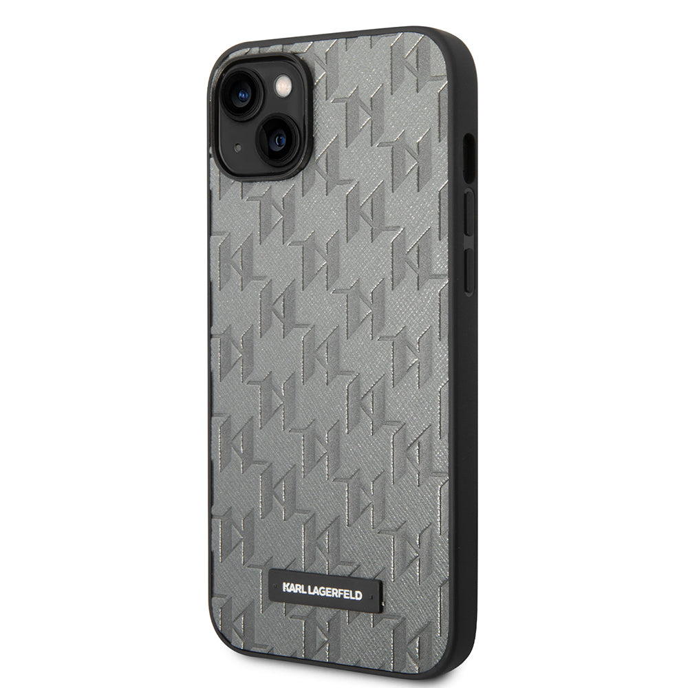 Tok Apple iPhone 14 Plus-hoz, Karl Lagerfeld, Saffiano Monogram Metal Logo, Szürke
