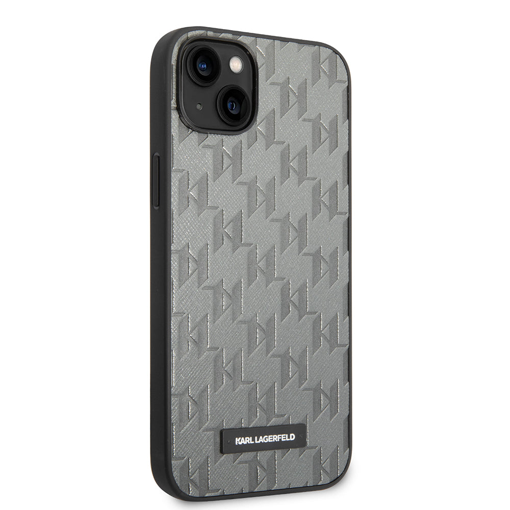 Tok Apple iPhone 14 Plus-hoz, Karl Lagerfeld, Saffiano Monogram Metal Logo, Szürke