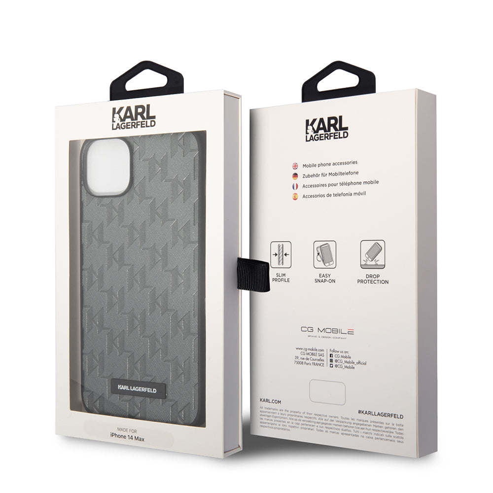 Tok Apple iPhone 14 Plus-hoz, Karl Lagerfeld, Saffiano Monogram Metal Logo, Szürke