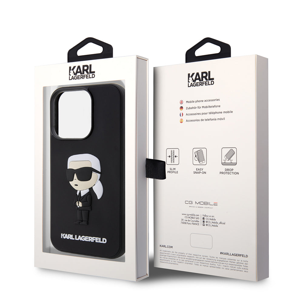 Tok Apple iPhone 14 Pro-hoz, Karl Lagerfeld, 3D Rubber Ikonik Karl, Fekete