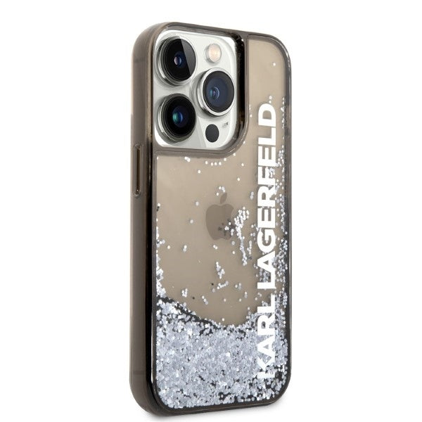 Tok Apple iPhone 14 Pro-hoz, Karl Lagerfeld, Liquid Glitter KL Logo, Fekete