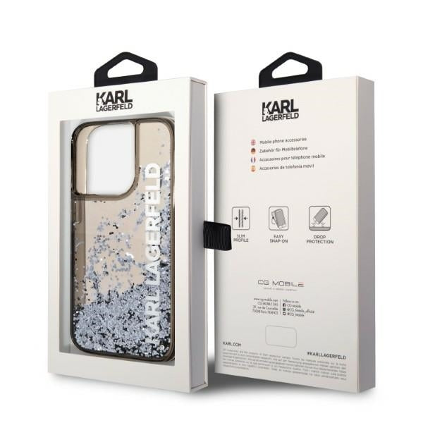 Tok Apple iPhone 14 Pro-hoz, Karl Lagerfeld, Liquid Glitter KL Logo, Fekete