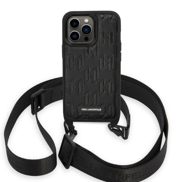 Tok Apple iPhone 14 Pro-hoz, Karl Lagerfeld, Monogram Plaque Logo with Strap, Fekete
