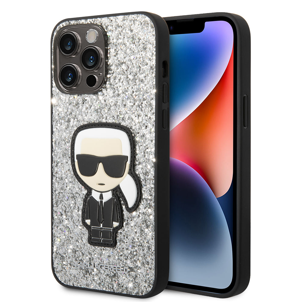 Tok a Apple iPhone 14 Pro Max-hoz, Karl Lagerfeld, Glitter Flakes Ikonik Karl, Ezüst