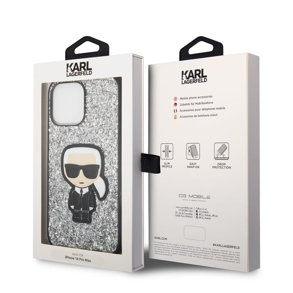 Tok a Apple iPhone 14 Pro Max-hoz, Karl Lagerfeld, Glitter Flakes Ikonik Karl, Ezüst