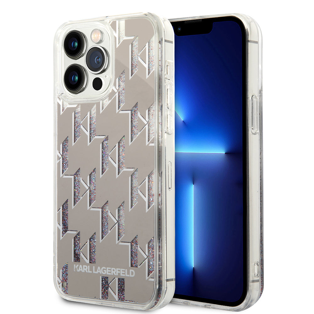 Tok Apple iPhone 14 Pro Max-hoz, Karl Lagerfeld, Liquid Glitter Monogram, Ezüst