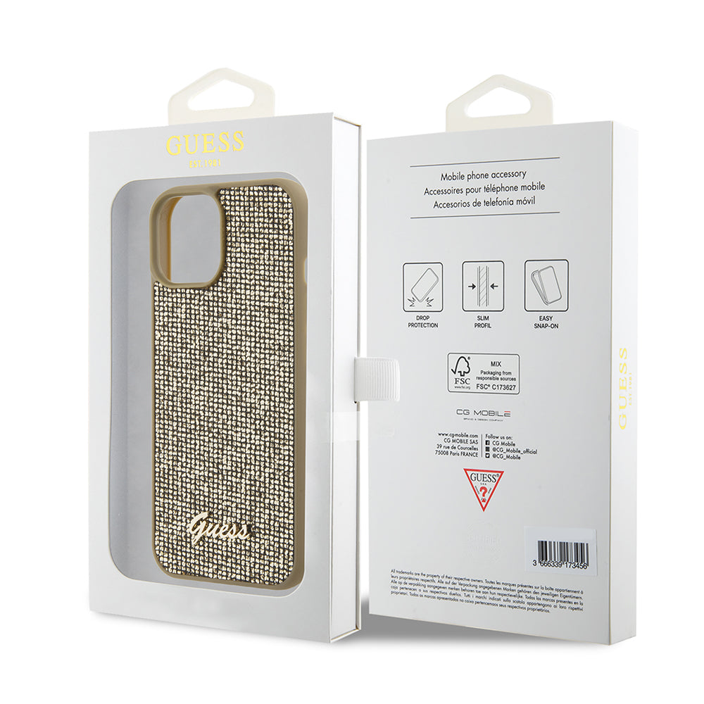Tok Apple iPhone 15-höz, Guess, Disco Metal Script, Arany