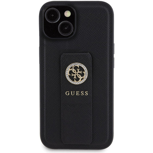 Tok Apple iPhone 15-höz, Guess, Grip Stand 4G Saffiano Strass, Fekete