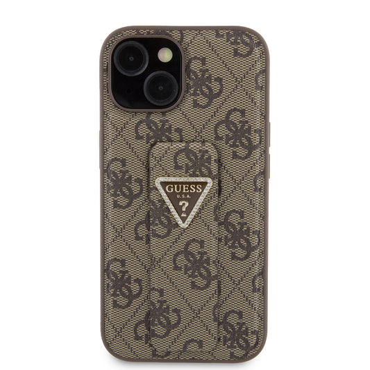 Tok Apple iPhone 15-höz, Guess, Grip Stand 4G Triangle Strass, Barna