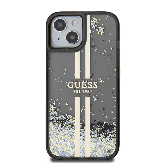 Tok a Apple iPhone 15-höz, Guess, Liquid Glitter Gold Stripes, Fekete