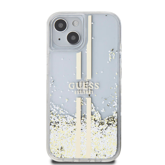 Tok Apple iPhone 15-höz, Guess, Liquid Glitter Gold Stripes, Átlátszó