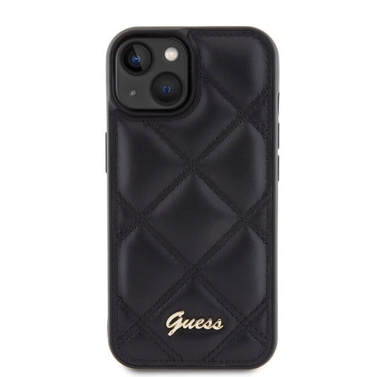 Tok Apple iPhone 15-höz, Guess, Quilted Metal Logo, Fekete