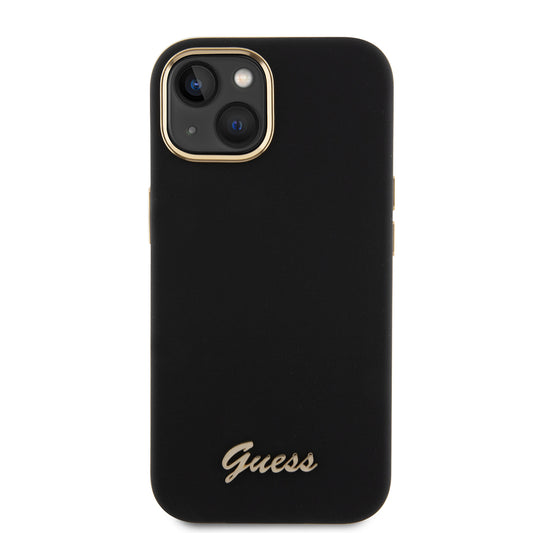 Tok a Apple iPhone 15-höz, Guess, Script Metal Logo & Frame, Fekete