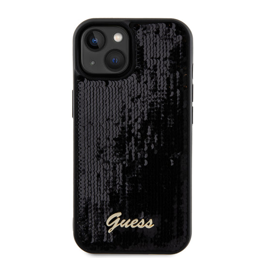 Tok Apple iPhone 15-höz, Guess, Sequin Script Metal, Fekete