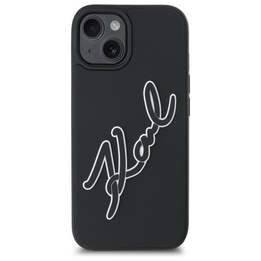 Tok a Apple iPhone 15-höz, Karl Lagerfeld, 3D Rubber Signature, Fekete