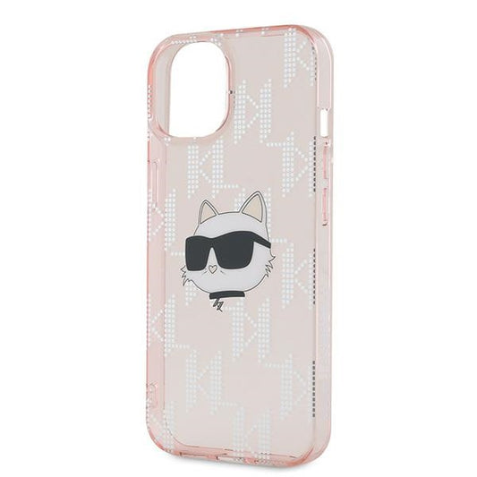 Tok Apple iPhone 15-höz, Karl Lagerfeld, IML Luxury Monogram Choupette's Head, Rózsaszín