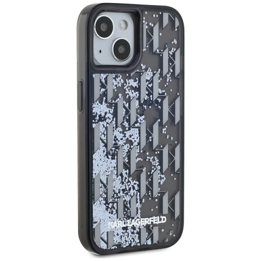 Tok Apple iPhone 15-höz, Karl Lagerfeld, Liquid Glitter Monogram, Fekete