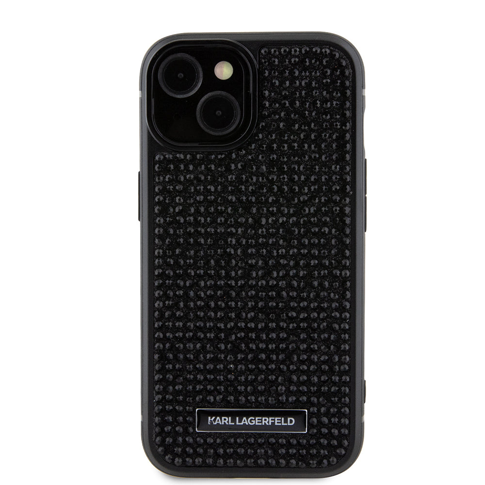 Tok Apple iPhone 15-höz, Karl Lagerfeld, Rhinestone Metal Plate, Fekete