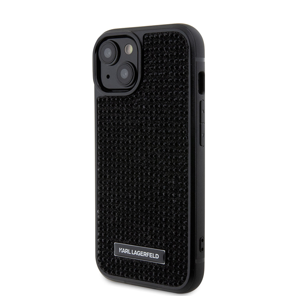 Tok Apple iPhone 15-höz, Karl Lagerfeld, Rhinestone Metal Plate, Fekete