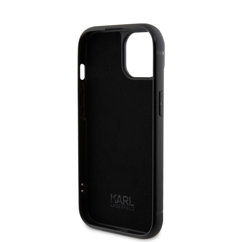 Tok Apple iPhone 15-höz, Karl Lagerfeld, Rhinestone Metal Plate, Fekete