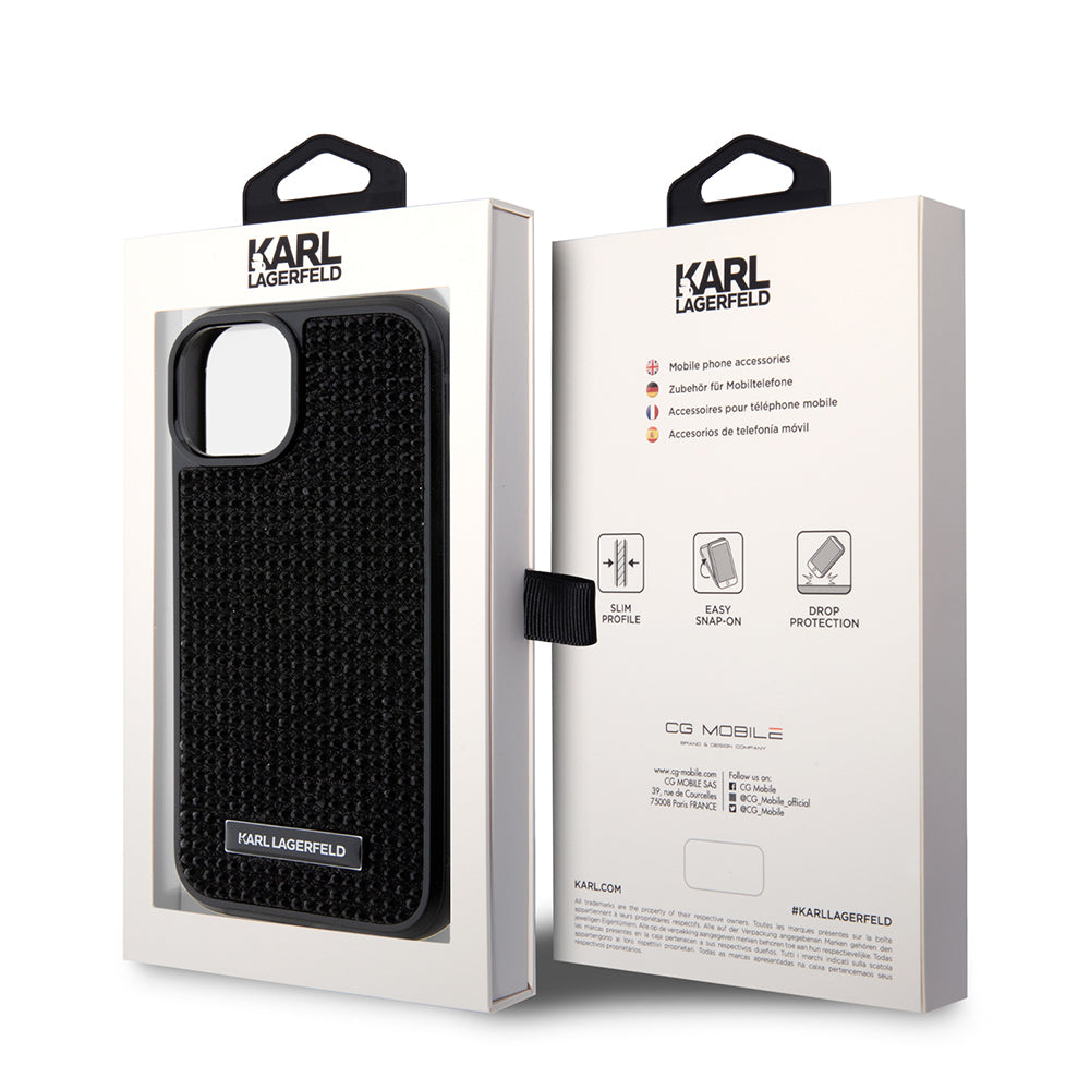 Tok Apple iPhone 15-höz, Karl Lagerfeld, Rhinestone Metal Plate, Fekete