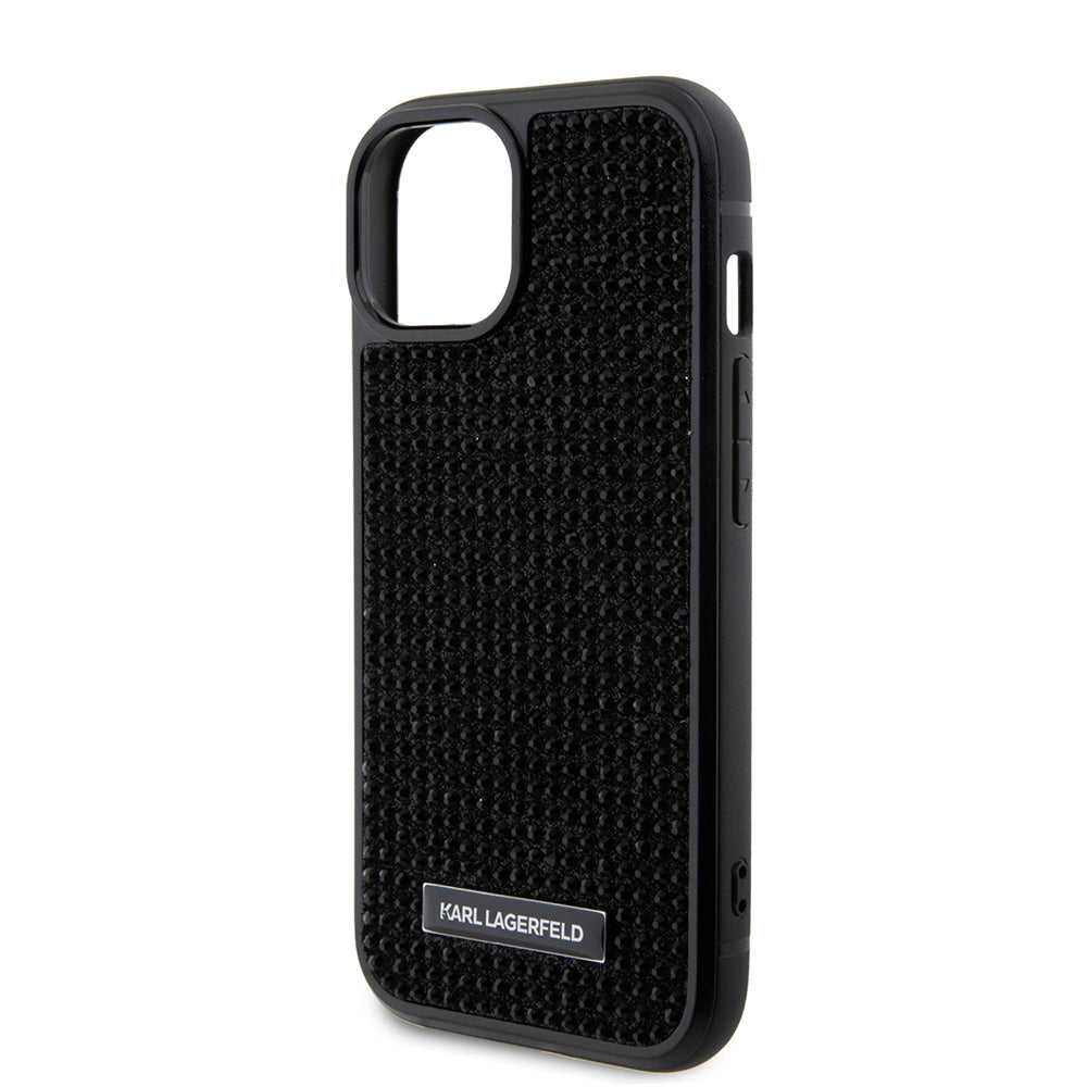 Tok Apple iPhone 15-höz, Karl Lagerfeld, Rhinestone Metal Plate, Fekete