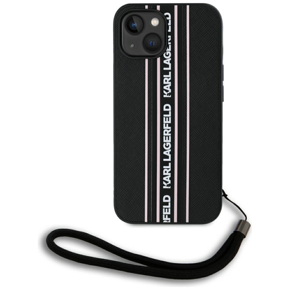 Tok Apple iPhone 15-höz, Karl Lagerfeld, Saffiano Athleisure Stripes with Strap, Rózsaszín
