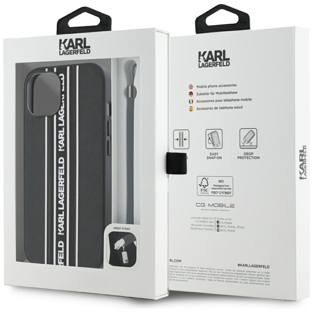 Tok Apple iPhone 15-höz, Karl Lagerfeld, Saffiano Athleisure Stripes with Strap, Rózsaszín