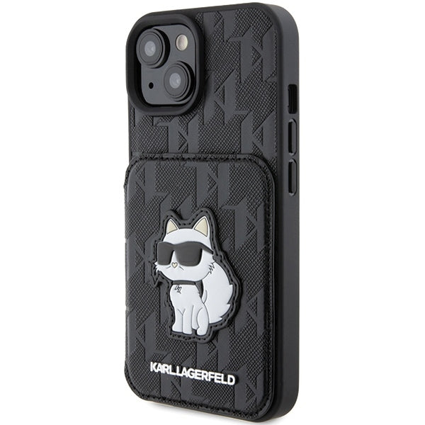 Case for Apple iPhone 15, Karl Lagerfeld, Saffiano Cardslots and Stand Monogram Choupette, Black