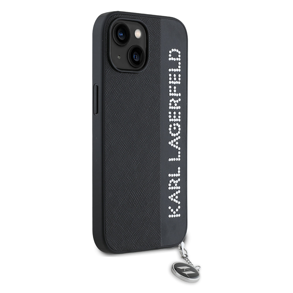 Tok Apple iPhone 15-höz, Karl Lagerfeld, Saffiano Rhinestones & Charm, Fekete